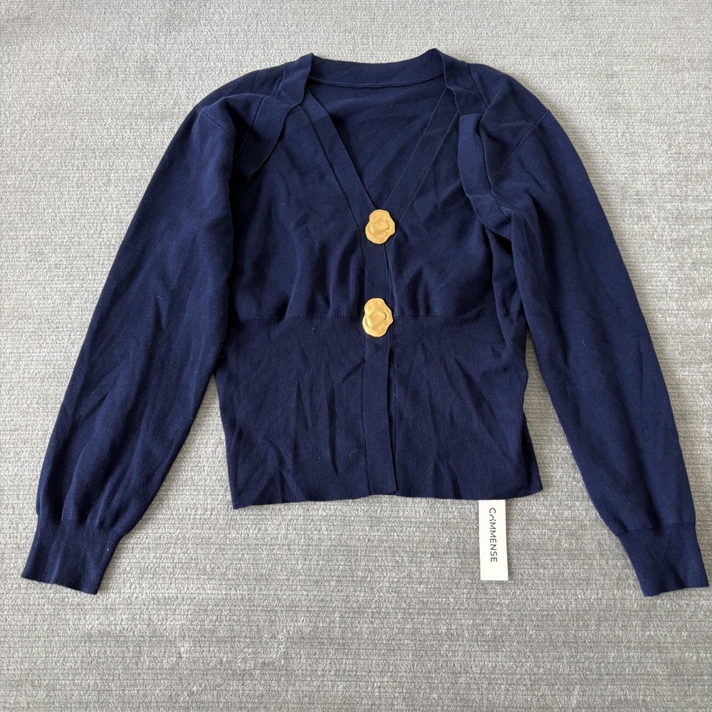 Commense Metal Detail V-Neck Wool Blend Sweater Women L Dark Navy Office Work